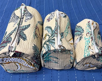 Handmade Quilted Toiletry Bag Set | Block Print Cosmetic Pouches