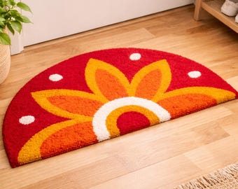 Felpudo floral en forma de media luna / Alfombra de entrada bohemia de algodón con mechones (53 x 35 cm)