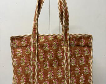 Cotton Quilted Tote Bag: Block Print Floral, Handmade Indian Large Eco-Friendly