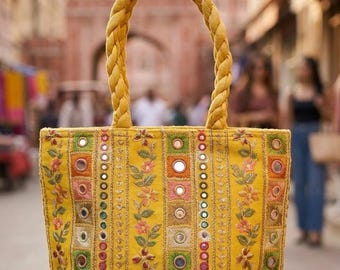 Indian Brocade Bag Embroidered Potli, Gold Handle, Ethnic Silk Wedding Favor, Festive Jewelry Purse