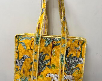Handmade Jungle Print Quilted Cotton Tote Bag: Beach Travel Shopper