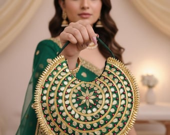 Handgeborduurde Gota Patti Potli-tas, halfronde bruidsclutch, Indiase trouwtas