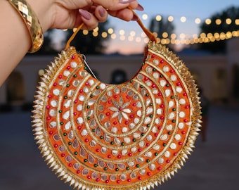 Bolso Potli Gotta Patti bordado a mano / Bolso de mano nupcial de media luna, bolso de boda étnico