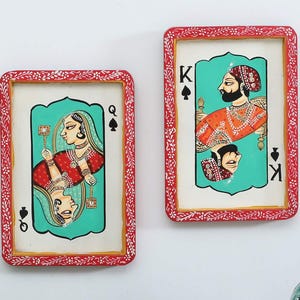 Set med 5 cm indisk väggkonst, Jharokha kung drottning målad konst, traditionella träväggramar, väggbonad, iögonfallande dekor, heminredning, present