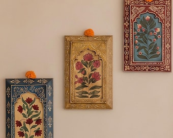 Set of 3" Indian Wall Art, Jharokha Floral Hand Painted Art, Traditional Wooden Wall Frames, Wall Hanging, Statement Piece, Home Decor, Gift