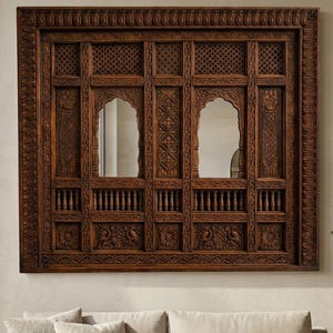 Hand Carved Brown Jharokha Wall Decor, Traditional Window Frame, Statement Piece, Entryway or Living Room Art, Indian Wall Hanging, Gifts