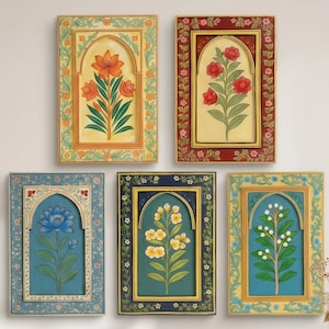 Set of 5" Statement Piece, Jharokha Floral Hand Painted Art, Traditional Wooden Wall Frames, Indian Wall Art, Wall Hanging, Home Decor, Gift