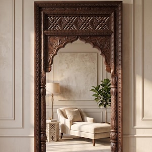Hand-Carved Mango Wood Wall Mirror Frame Vintage Jharokha Mirror Collectible Art