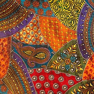 May include: A vibrant, patchwork design featuring a variety of colors and patterns. The image showcases a mix of paisley, floral, and geometric motifs in shades of red, orange, green, blue, and purple. The design is reminiscent of a textile or fabric.