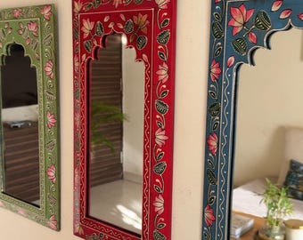 Set Of 3' Hand Painted Wooden Jharokha Mirror, Mughal Floral Art, Indian Wall Art, Mirror Frame, Boho Wall Hanging, Home Wall Decor Gift