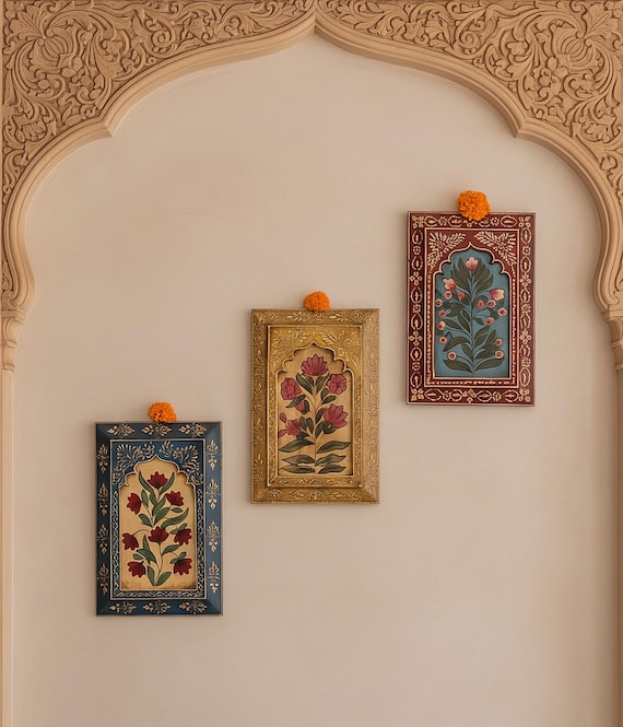 Set of 3" Indian Wall Art, Jharokha Floral Hand Painted Art, Traditional Wooden Wall Frames, Wall Hanging, Statement Piece, Home Decor, Gift