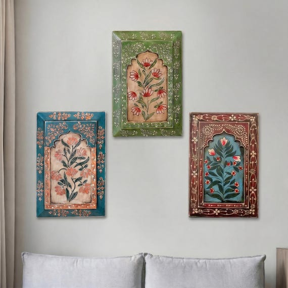 Set of 3" Vintage Jharokha Floral Hand Painted Art, Indian Wall Art, Traditional Wooden Wall Frames, Wall Hanging, Statement Wall Decor