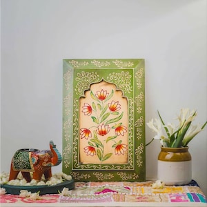 Set of 3" Vintage Jharokha Floral Hand Painted Art, Indian Wall Art, Traditional Wooden Wall Frames, Wall Hanging, Statement Wall Decor Green