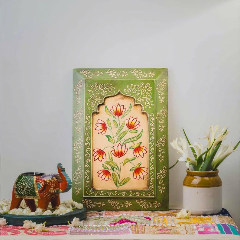 Set of 3" Vintage Jharokha Floral Hand Painted Art, Indian Wall Art, Traditional Wooden Wall Frames, Wall Hanging, Statement Wall Decor Green