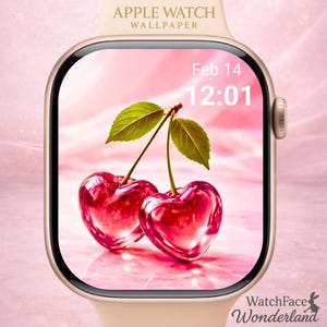 May include: An Apple Watch with a pink cherry-themed wallpaper. The wallpaper displays two heart-shaped cherries with green leaves, the date Feb 14, and the time 12:01. The watch has a gold case and a light pink band. Text at the top reads "APPLE WATCH WALLPAPER".