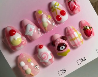 Handmade Kawaii Strawberry Press On Nails | Cute Bear & Cherry Dessert Design | Pink Sweet Café Nail Set