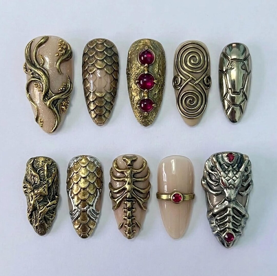 Handmade Medieval Dragon Armor Press on Nails, 3D Scale & Skeleton Art ...