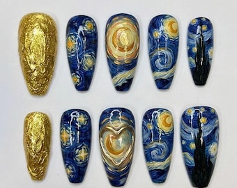 Starry Night Inspired Press On Nails, Van Gogh Art Nail Set, Hand Painted Swirl Sky Design, Gold Accent Nails For Artistic Dreamy Vibes