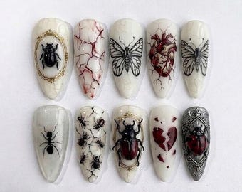 Custom Entomology Nail Art, 3D Bug in Gold Frame, Gothic Butterfly & Heart Accents, Museum Specimen Vibe, Unique Handmade Nail Collection
