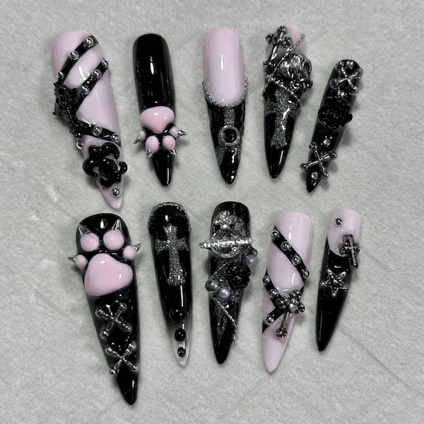3D Pink Schwarz Gothik Nägel / Press On Nails Lange Stiletto Nägel /Gothic Kreuz Nägel /3D Charm Nägel / Handgemachte benutzerdefinierte Nägel/Y2K Gothic Nägel