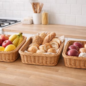 Rectangular Storage Baskets, Large, Medium, Small Nesting Organizer Trays,  Tan Pantry and Shelf Bins.