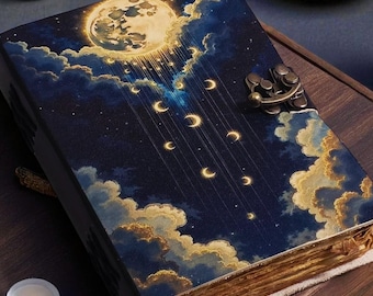 Grimorio de cuero con fases lunares: Libro de las sombras de 400 páginas con bordes deshilachados