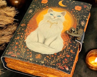 Leather Cat Grimoire Journal, Vintage Spell Book of Shadows