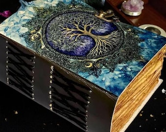 Tree of Life 400 Page Grimoire Vintage leather journal, Blank spell book of shadows