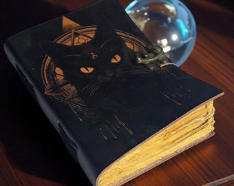 Handmade Leather Cat Journal – Floral Art, Deckle Edge Grimoire