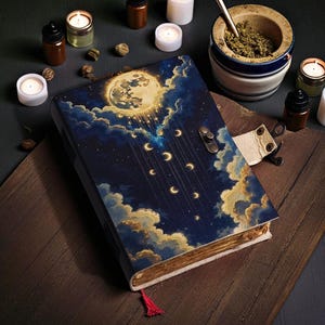 May include: A decorative journal with a celestial design featuring a full moon, crescent moons, and clouds. The cover is dark blue with gold accents. A red tassel marks the pages. Candles and small bottles surround the journal.