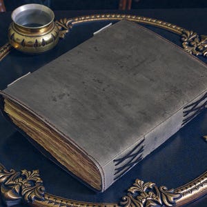 Puede incluir: Un libro gris encuadernado en cuero con costuras visibles y p&aacute;ginas envejecidas. El libro est&aacute; sobre una superficie azul oscuro, junto a un marco decorativo dorado y un peque&ntilde;o recipiente de metal adornado.