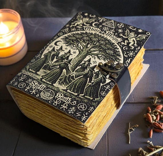 White Magic Spell Book, Leather Grimoire Journal, Book of Shadows, Wiccan Tarot Notebook, Occult Ritual Writing, Handmade Fantasy Notebook