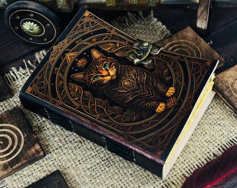 Handmade Leather Cat Journal: Vintage Floral Art, Deckle Edge Pages