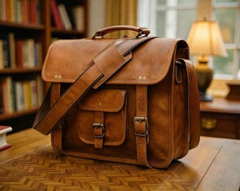Personalized Leather Messenger Bag: Vintage Brown Crossbody Laptop Briefcase