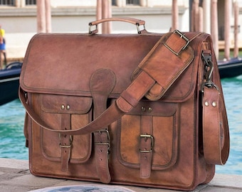 Personalized Leather Messenger Bag: Vintage Brown Crossbody Laptop Briefcase