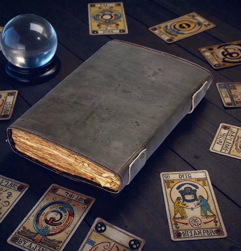 Puede incluir: Un libro grande, gris y desgastado con p&aacute;ginas amarillentas, acompa&ntilde;ado de cartas del tarot y una bola de cristal. El libro tiene una cubierta de cuero y cierres blancos. Las cartas del tarot presentan ilustraciones y texto.
