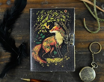 Fox Leather Journal: Large 400 Page Grimoire, Blank Book of Shadows