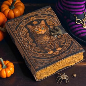 Könnte beinhalten: Ein braunes, ledergebundenes Notizbuch mit einem geprägten Katzendesign, das aufwendige Muster und einen Metallverschluss aufweist. Die Katze hat blaue Augen. Das Notizbuch ist von Kürbissen und dekorativen Spinnen umgeben, was ein Halloween-Thema hervorruft.