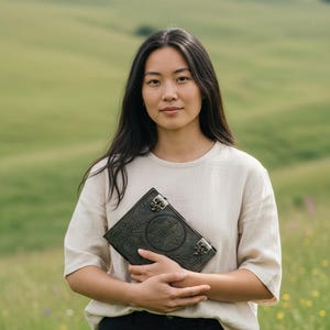 Puede incluir: Un diario de cuero verde oscuro con intrincados dise&ntilde;os en relieve y cierres met&aacute;licos. El diario es sostenido por una persona que lleva una camisa color crema y pantalones negros, de pie en un campo verde.