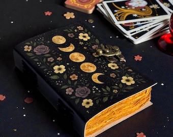 Diario grimorio de cuero con fases lunares, Libro vintage de las sombras