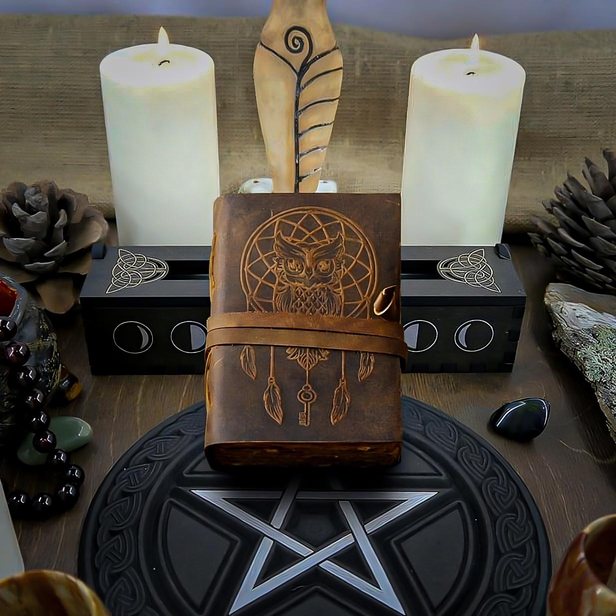 Owl Leather Journal: Vintage Dream Catcher Notebook, Handcrafted Grimoire
