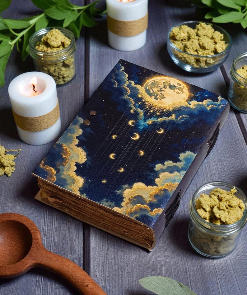May include: A decorative book with a celestial design featuring a full moon, crescent moons, and clouds. The book is surrounded by candles, small glass jars, and a wooden spoon, creating a mystical and enchanting atmosphere.