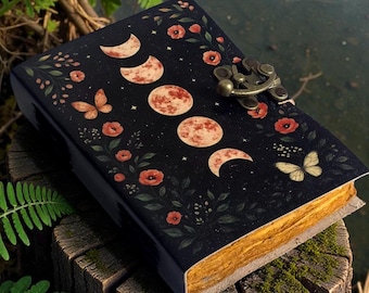 Diario grimorio de cuero con fases lunares, libro de hechizos vintage, hecho a mano
