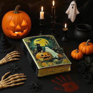 Op de afbeelding: Een Halloween-stilleven met een uitgesneden pompoen, een decoratief boek met een griezelige illustratie, kaarsen en andere feestelijke decoraties. De scène omvat een heksenhoed, skelettenhanden, spinnen en kleine pompoenen.