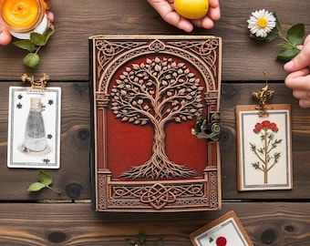 Groot leren grimoire-dagboek, levensboom, blanco boek der schaduwen