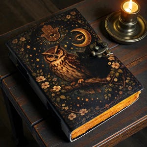 May include: A decorative journal with a black cover featuring an owl, crescent moon, stars, and floral accents. The journal has a metal clasp and aged-looking pages. A lit candle in a brass holder sits nearby on a wooden surface.