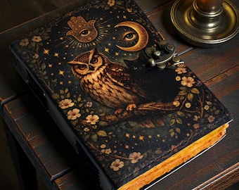 May include: A decorative journal with a black cover featuring an owl, crescent moon, stars, and floral accents. The journal has a metal clasp and aged-looking pages. A lit candle in a brass holder sits nearby on a wooden surface.