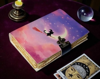 Diario grimorio de cuero hecho a mano con temática de gatos, Libro de las Sombras en blanco