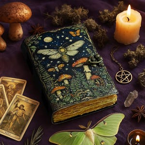 Puede incluir: Un diario azul oscuro con un diseño de polilla y setas. El diario está abierto, revelando páginas envejecidas. Una vela encendida, cartas del tarot y un colgante de pentagrama crean un ambiente místico.