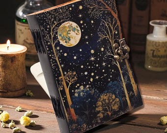 Diario grimorio grande de cuero: Libro de las Sombras de la Luna y el Árbol